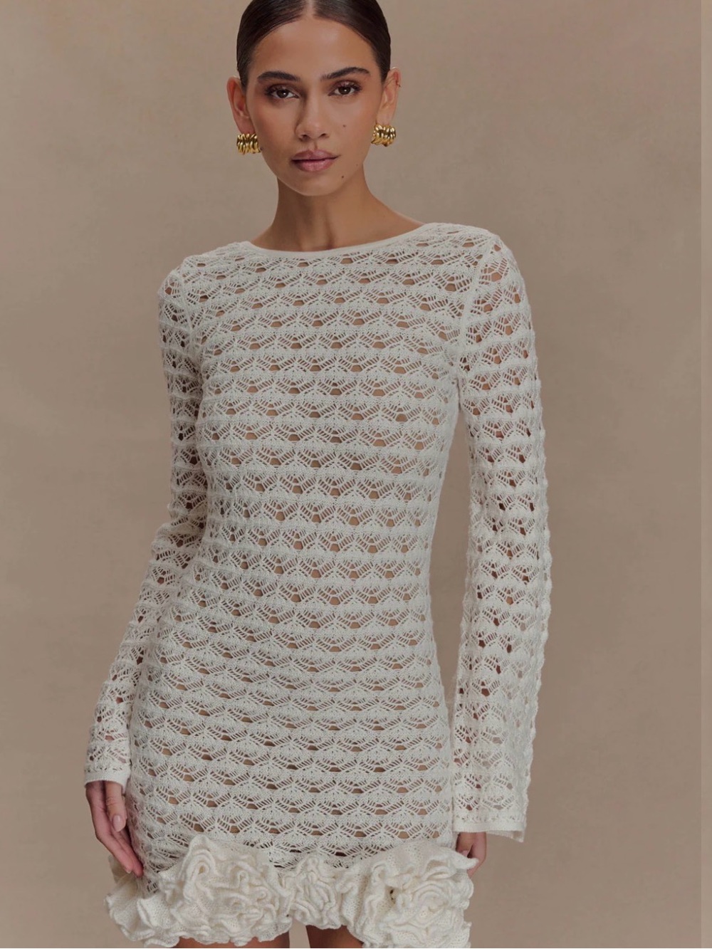 Meshki Aileen Ivory Crochet Long-Sleeve Mini Dress UNWORN